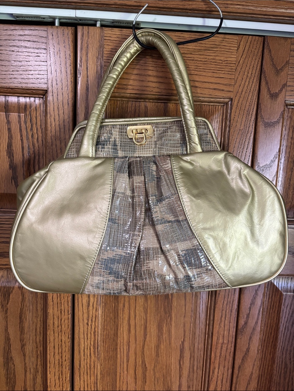 Metallic Gold & Brown Patterned Women's Shoulder Bag